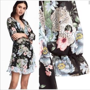 NWOT H&M Divided Conscious Leopard Floral Ruffle Print Wrap Dress size XSmall